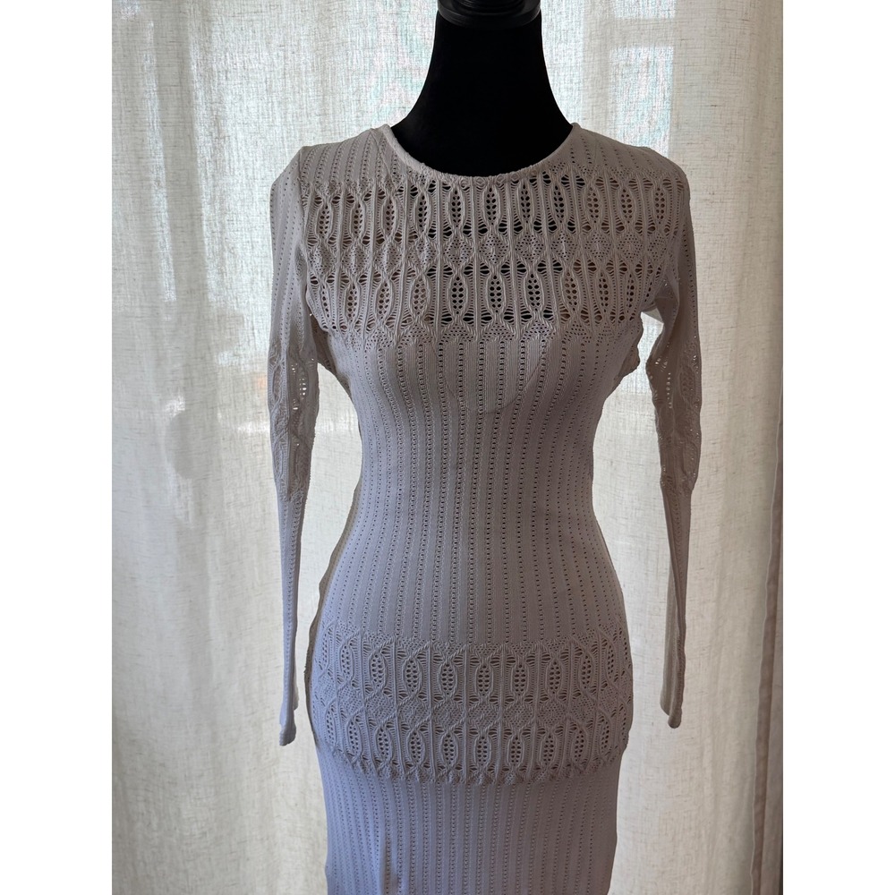 Sky White Crochet Knit Open Back Maxi Dress Long Sleeve Mermaid Gown AH737-9M M - Picture 5 of 10